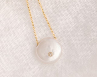 Pearl Necklace - Diamond Bezel - Pendant Necklace -14k Gold Filled - Gift for Her - June Birthstone - Pearl Pendant - Coin Pearl