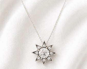 Zilveren Starburst-ketting – Crystal Sunburst-hanger aan sterlingzilveren ketting