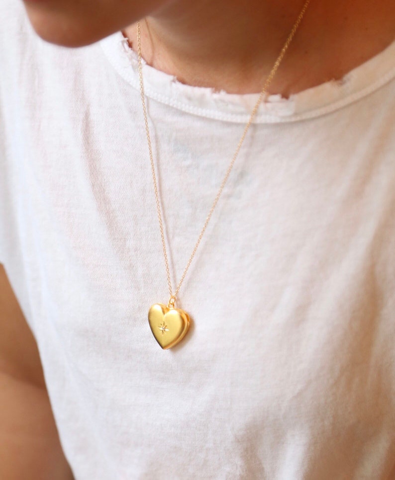 Gold Heart Locket Necklace with Crystal Star Matte Gold Locket Necklace Valentine Ready to Shp image 5