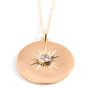 Gold Round Starburst Pnedant Necklace with Cubic Zirconia - Vintage Inspired - Gift for Her - "Cometta"