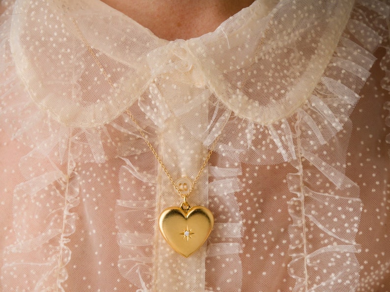 Gold Heart Locket Necklace with Crystal Star Matte Gold Locket Necklace Valentine Ready to Shp image 1