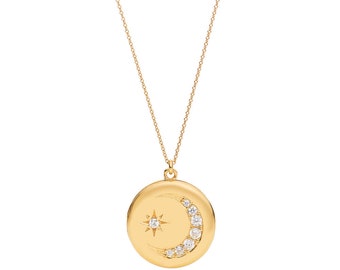 Gold Locket Necklace - Round Moon and Star Crystal Detail Silver or Gold - "Heather"