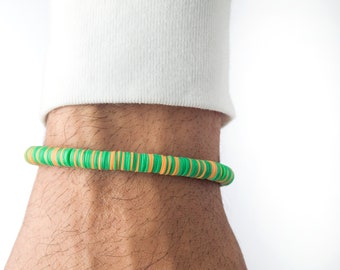 Green and Yellow Vinyl Record Bead Men's Bracelet - Groomsmen Gift, Mens Gift, Gift for Boyfriend Husband, Unique Gift Idea for Dad