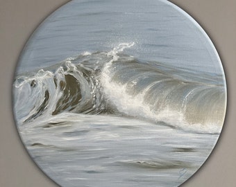 Inhale - Original Ocean Wave Painting, Oil on Round 24" Canvas