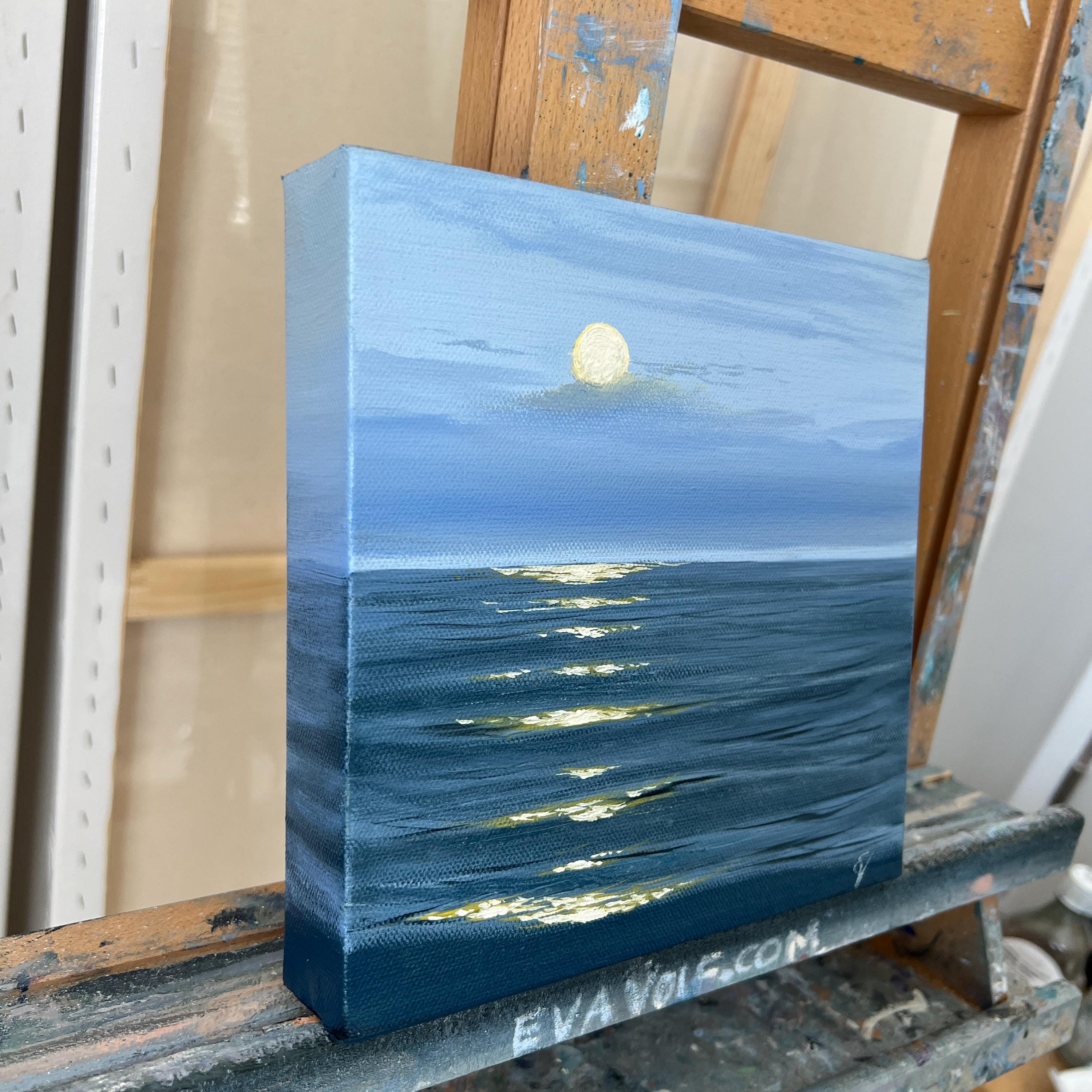 油絵、月海夜 油絵 絵画 【月の夜海】【木製】 - メルカリ