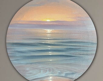 Sunset Bliss - Original Realistic Seascape Oil Painting on Round Canvas 16"