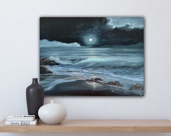 Light in The Dark - Full Moon over the Ocean Oil Painting on Canvas