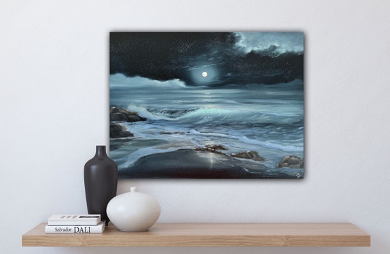 Light in the Dark Full Moon Over the Ocean Oil Painting on 