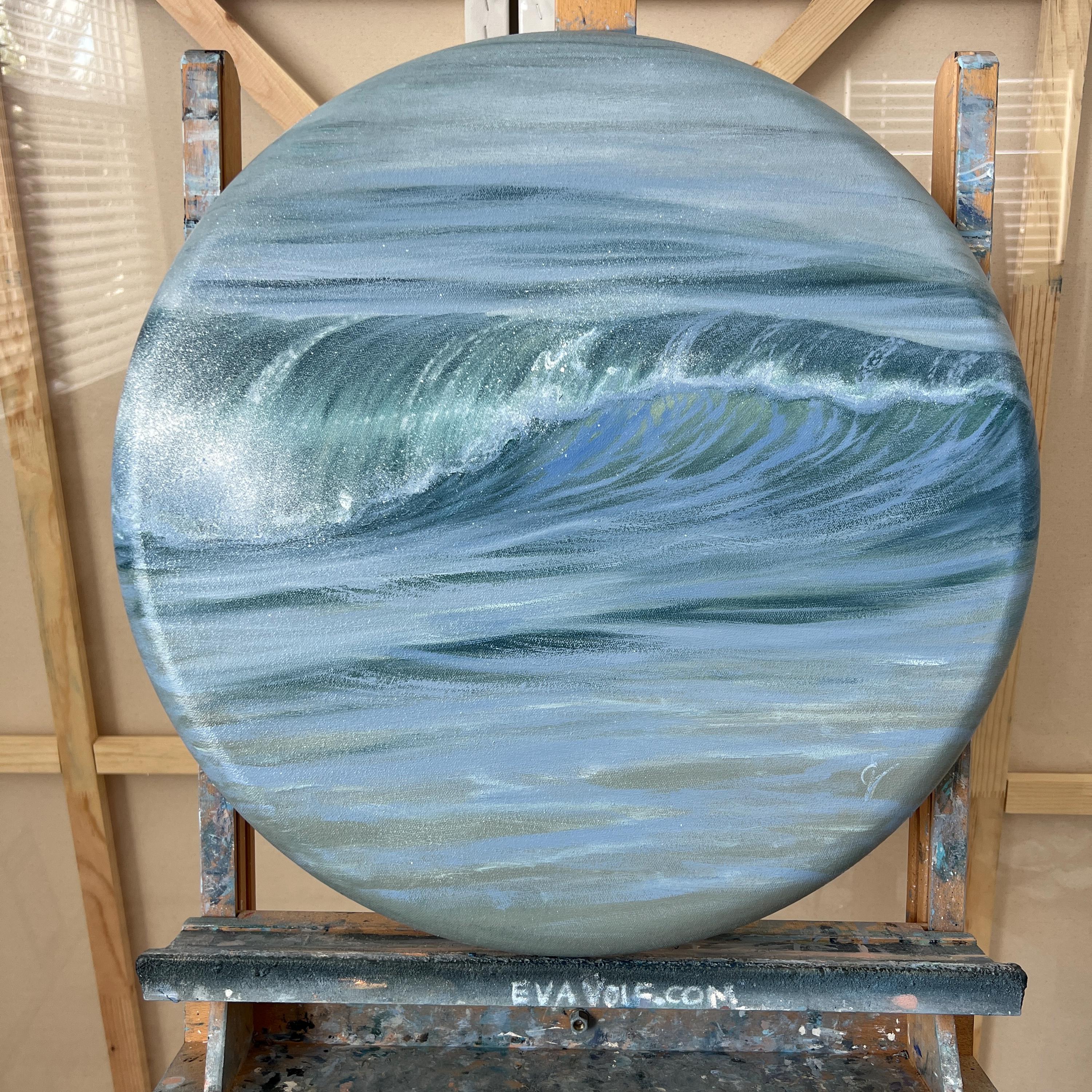 海のリズム - オリジナルの海の波の絵画、円形 24 インチ キャンバスに