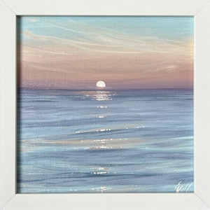 Pintura al óleo del atardecer en el lago Erie: paisaje marino al aire libre enmarcado