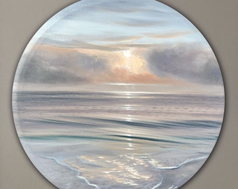 Warm Glow - Original Painting of Coastal Sunset, Oil on Round 20" Canvas