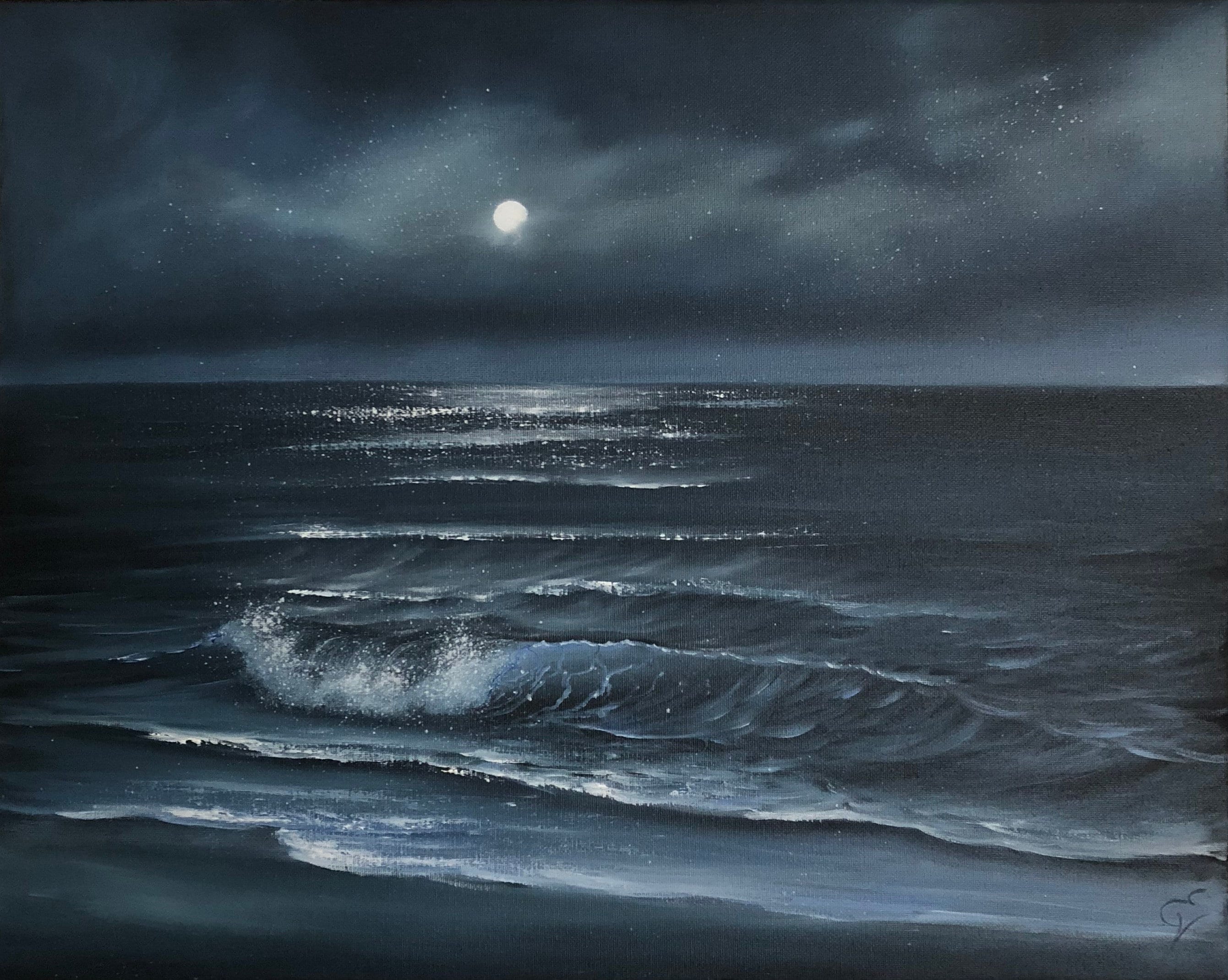 Oil Art & Collectibles Small Full Moon over the Ocean Oil Painting on ...