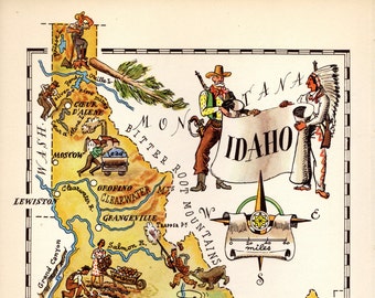 1940's Animated IDAHO Picture Map Print  Wall Art Decor Idaho State Map Gallery Wall Art Gift for Teacher Wedding Vacation Birthday lizmap