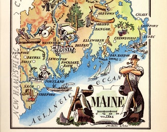 1940's MAINE Picture Map Print State Map of Maine Cartoon Map Wall Art Map Anniversary Gift for Teacher Wedding Birthday Vacation lizmap