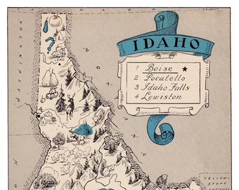 1930's IDAHO State Map Print Idaho Picture Map Gallery Wall Art Decor Library Office Decor Teacher Gift for Birthday Wedding Anniversary