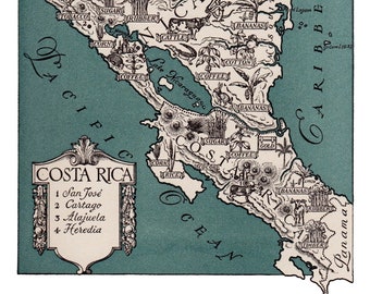 1940s COSTA RICA Map Print Gallery Wall Art of Costa Rica Nicaragua Picture Map Gift for Anniversary Birthday Wedding