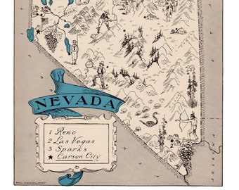1930's NEVADA Picture Map Print Wall Art Decor State Map of Nevada Travel Map Gallery Wall Art Wedding Gift for Birthday Anniversary