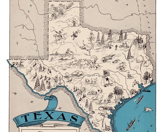 1930's TEXAS State Picture Map Wall Art Decor Print Animated Map of Texas Gallery Wall Art Housewarming Gift for Birthday Anniversary