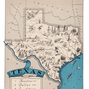 1930's TEXAS State Picture Map Wall Art Decor Print Animated Map of Texas Gallery Wall Art Housewarming Gift for Birthday Anniversary