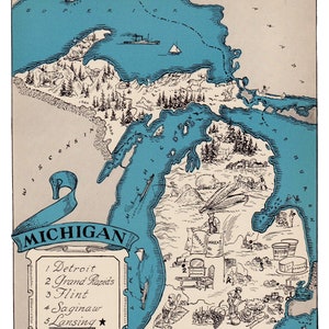 1930's MICHIGAN Map Wall Art Decor Print of Michigan State Map Decor Gallery Wall Art Anniversary Gift for Graduation Wedding Birthday Gift