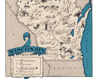 1930's WISCONSIN Picture Map Print Wall Art Decor Animated Map of Wisconsin Gallery Wall Art Office Decor Birthday Gift Idea