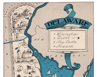 1930's DELAWARE Picture Map Print Wall Art Decor Animated Map of Delaware Gallery Wall Art Birthday Gift for Wedding Anniversary