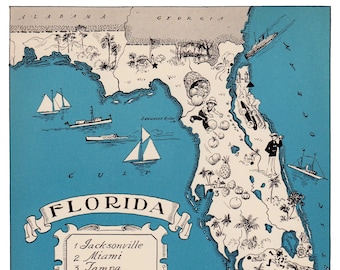 1930's FLORIDA State Map Print Picture Map of Florida Gallery Wall Art Office Decor Gift for Birthday Wedding Anniversary