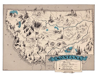 1930's MONTANA Map Wall Art Print Montana State Picture Map Decor Gallery Wall Art Birthday Wedding Anniversary Gift