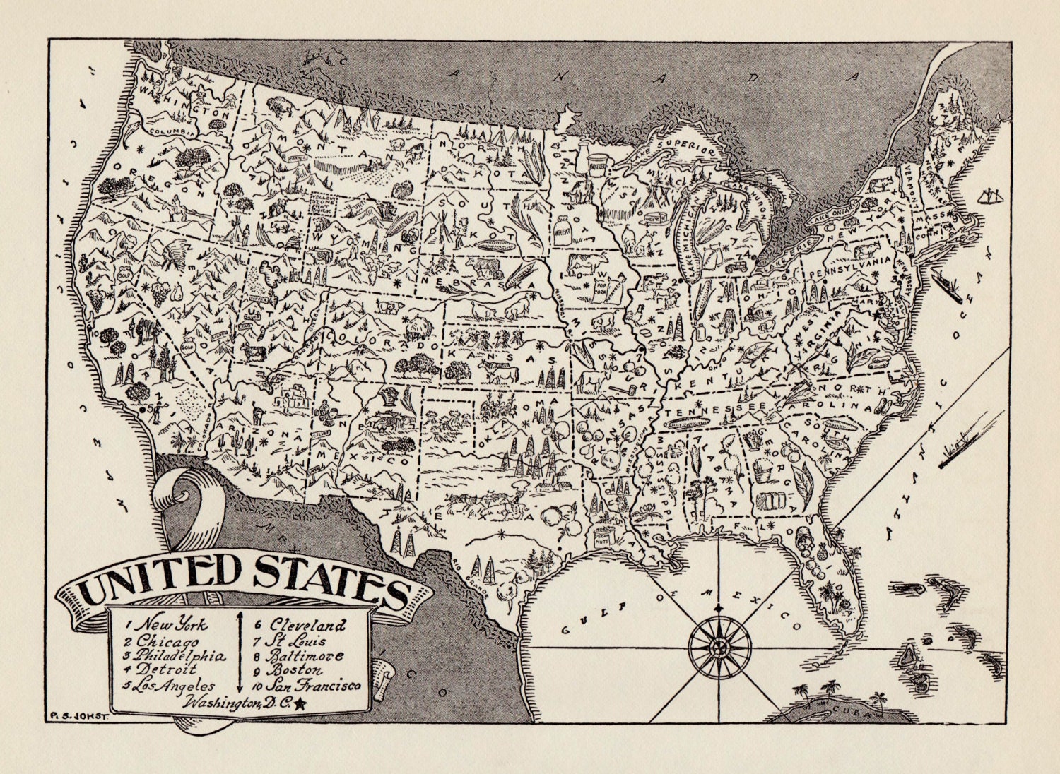 50's Vintage UNITED STATES Picture Map Pictorial United | Etsy