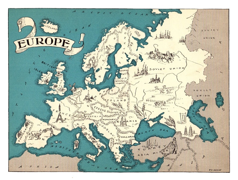 1930's Animated EUROPE Map RARE Map Print of Europe Wall | Etsy
