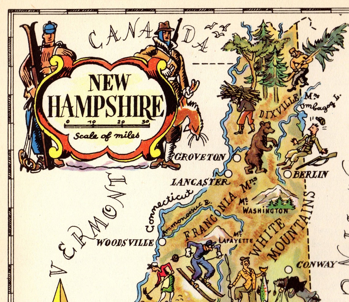 1940 animé NEW HAMPSHIRE State Map Imprimer Image Cartoon Etsy