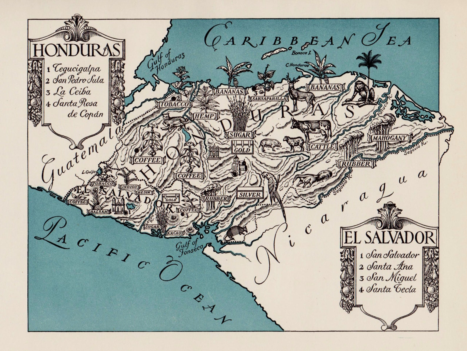 Animated HONDURAS Map El Salvador Picture Map Print 1940s
