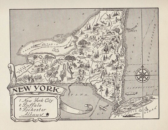 50's Vintage NEW YORK Picture Map Print of New York State | Etsy