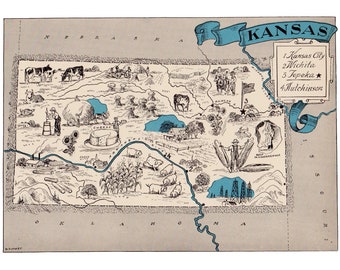 1930's KANSAS Picture Map Print Wall Art Decor Animated Map of Kansas Gallery Wall Art Library Decor  Wedding Birthday Gift for Anniversary