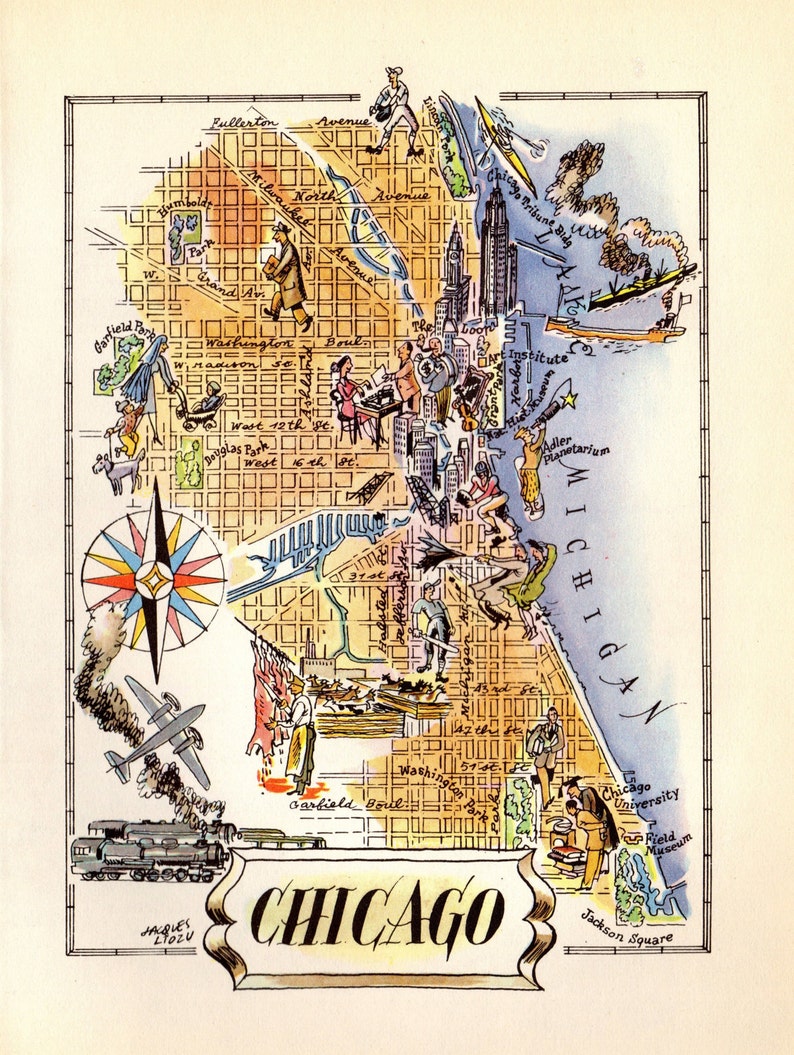 1940's Animated CHICAGO City Map of Chicago Illinois Print | Etsy