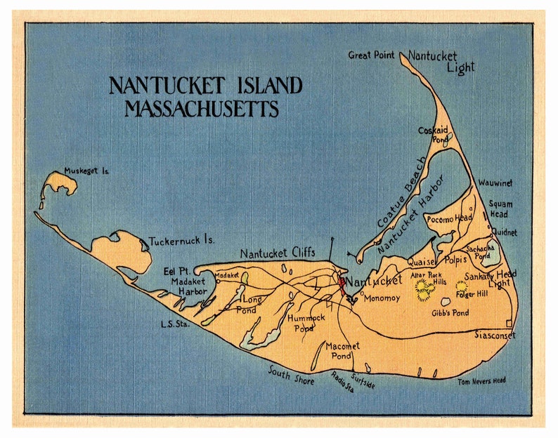 Nantucket Island Map of Nantucket Massachusetts Print Blue Etsy