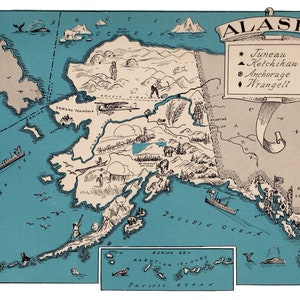 1930's ALASKA State Picture Map Print Wall Art Decor of Alaska Map Gallery Wall Art Anniversary Gift for Birthday Wedding Travel Graduation