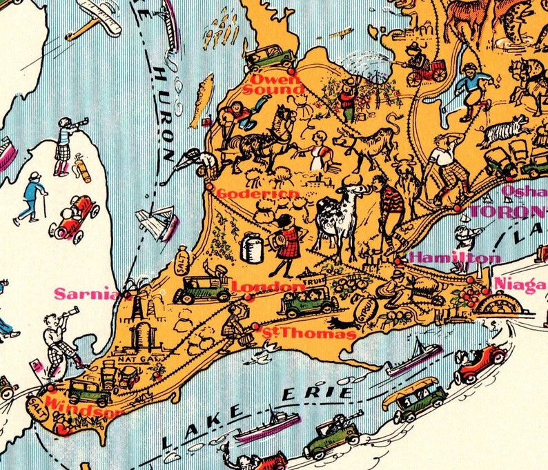 1930's Vintage ONTARIO Canada Picture Map Reprint Ontario Etsy