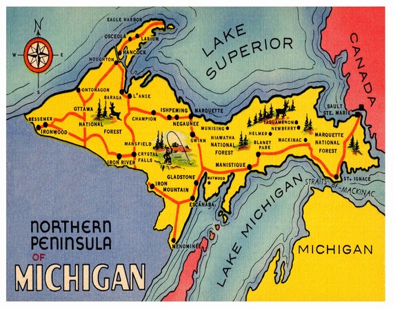 Map Of Michigan Upper Peninsula Cities Upper Peninsula Michigan Picture Map Print Northern Peninsula - Etsy