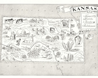 1950's KANSAS State Map Animated Picture Map of Kansas Print Black and White Wall Art Decor Housewarming Wedding Birthday Gift bwmap