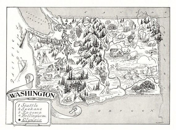 1950 S Vintage Washington State Map Print Animated Cartoon Etsy