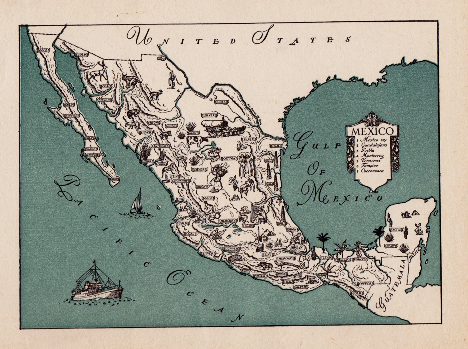 1940s vintage mexico picture map pictorial print travel