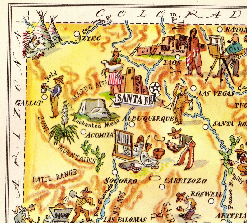1940s animated new mexico state map of new mexico print
