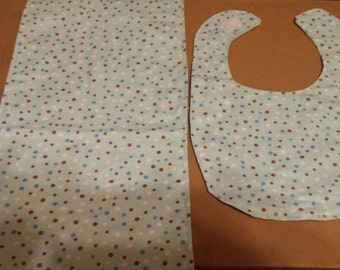 Blue poke a dot bib and burp cloth set.