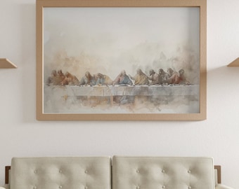 May include: A light beige sofa with a wooden frame and tufted cushions sits in front of a light wood coffee table with a book on top. A framed watercolor painting of a mountain range hangs on the wall behind the sofa.