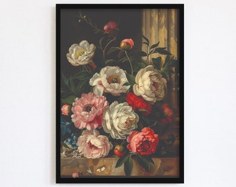 Moody dark still life renaissance painting florals flowers peonies