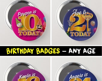 Personalised Birthday Badge • Custom Name Button Pin • Party Favour. Any Age
