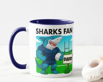 Personalised Rugby Card, Mug & Coaster - Sharks Fan. Ideal Stocking Filler / Teacher Gift.