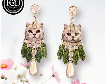 Cat Earrings with Leaves & Pearl Drop – Cat Lovers Gift