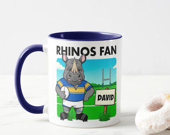 Personalised Rugby Card, Mugs & Coasters - Rhinos Fan. Ideal Stocking Filler / Teacher Gift.